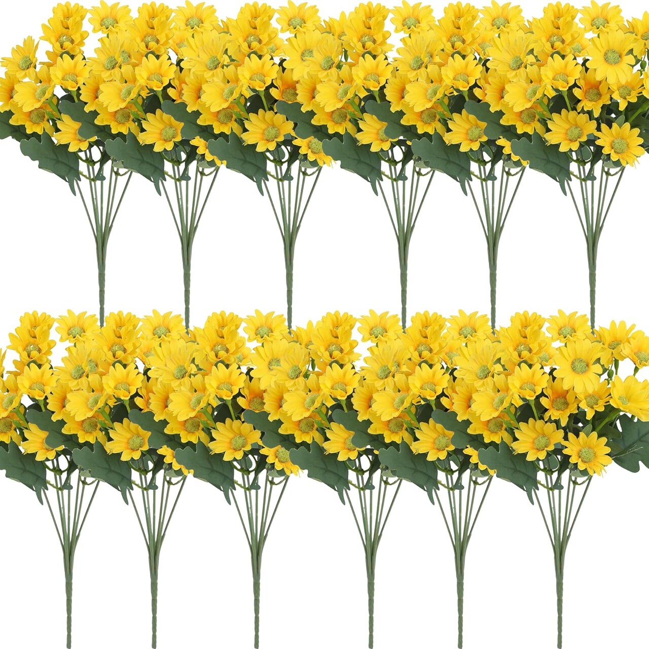 Summer Daisy Bouquets – 12 Bundles Artificial Yellow Silk Flowers, UV Resistant for Outdoor & Indoor Decor